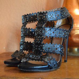 ALAIA T-Strap Laser Cut Leather Lace Detailed Sandals Heels Stiletto 38 8